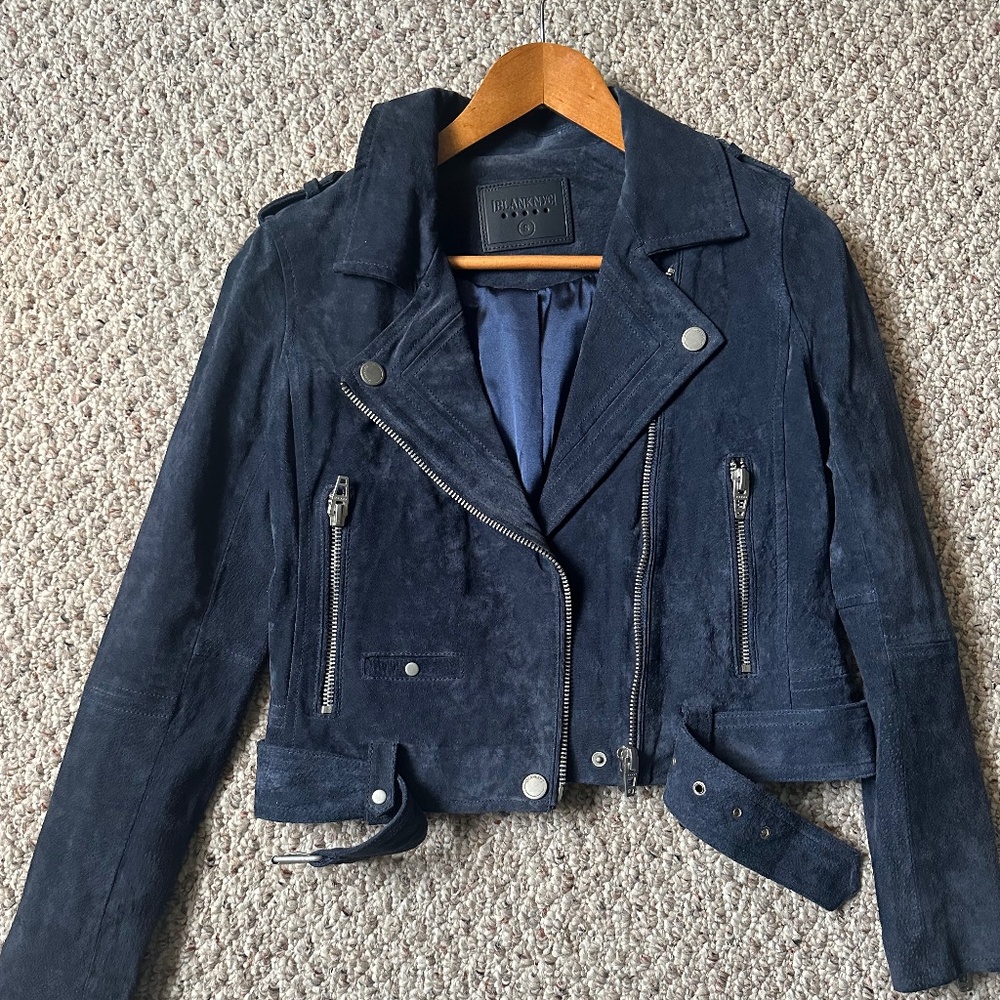 Blank NYC Suede Moto Jacket Navy Blue S- EUC